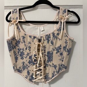 Floral Lace-Up Corset Top with Ribbon Detail